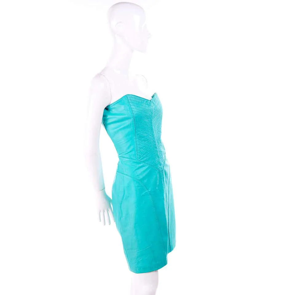 1980s Turquoise Leather Strapless Dress 4/6