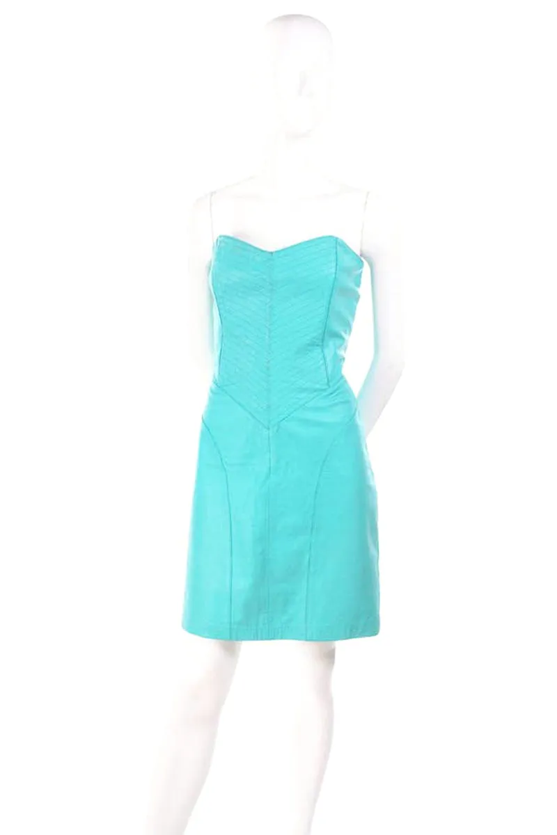 1980s Turquoise Leather Strapless Dress 4/6