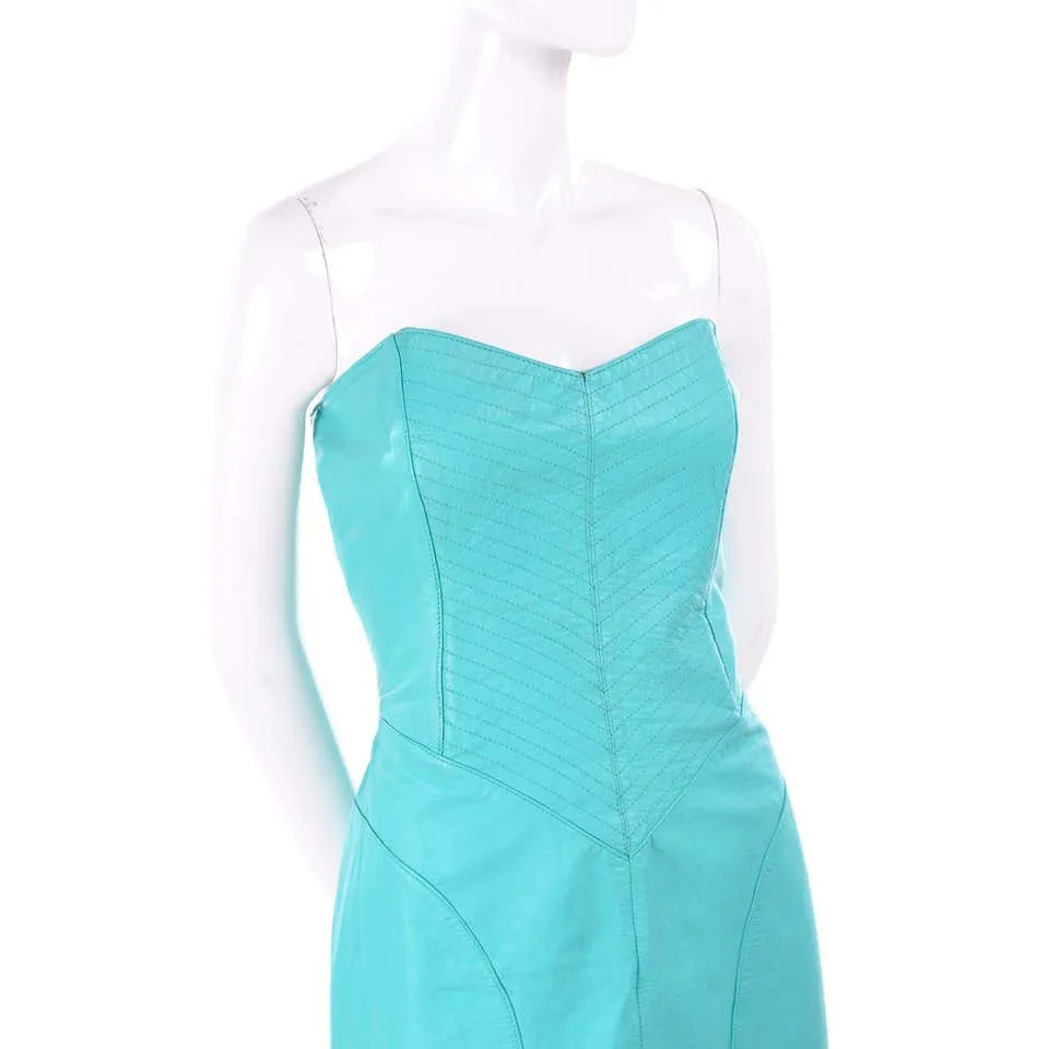 1980s Turquoise Leather Strapless Dress 4/6