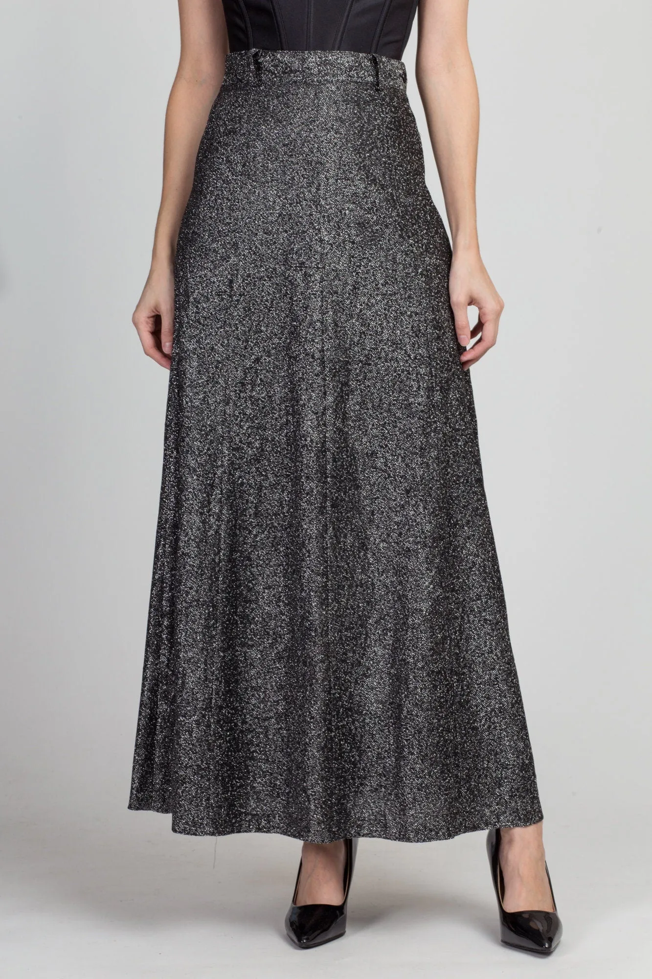 70s Silver Metallic Lurex Maxi Skirt - Extra Small, 25"