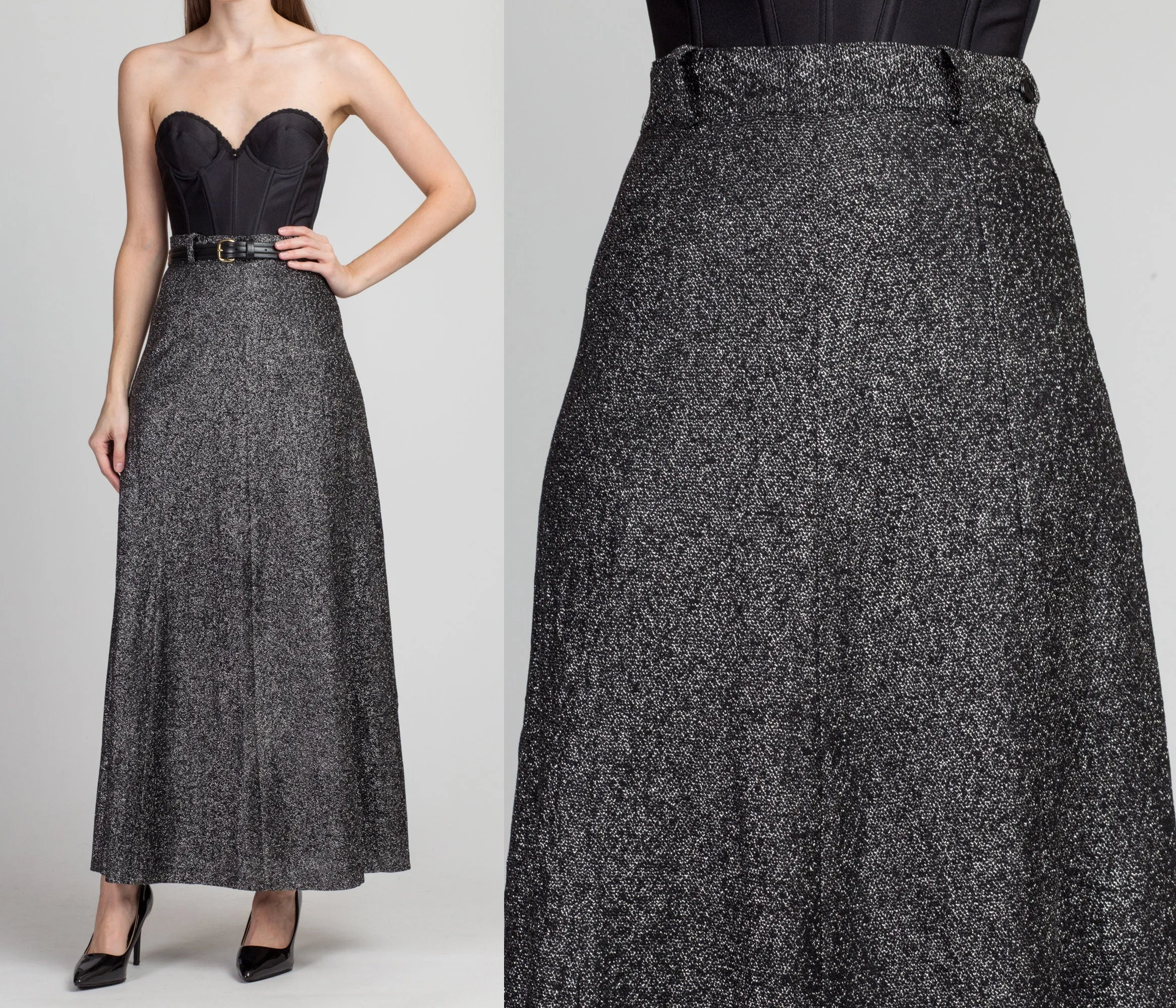 70s Silver Metallic Lurex Maxi Skirt - Extra Small, 25"