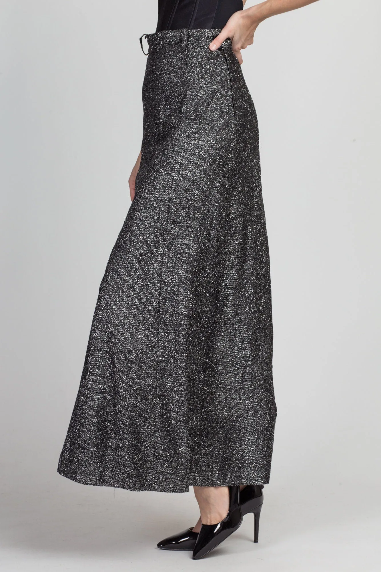 70s Silver Metallic Lurex Maxi Skirt - Extra Small, 25"