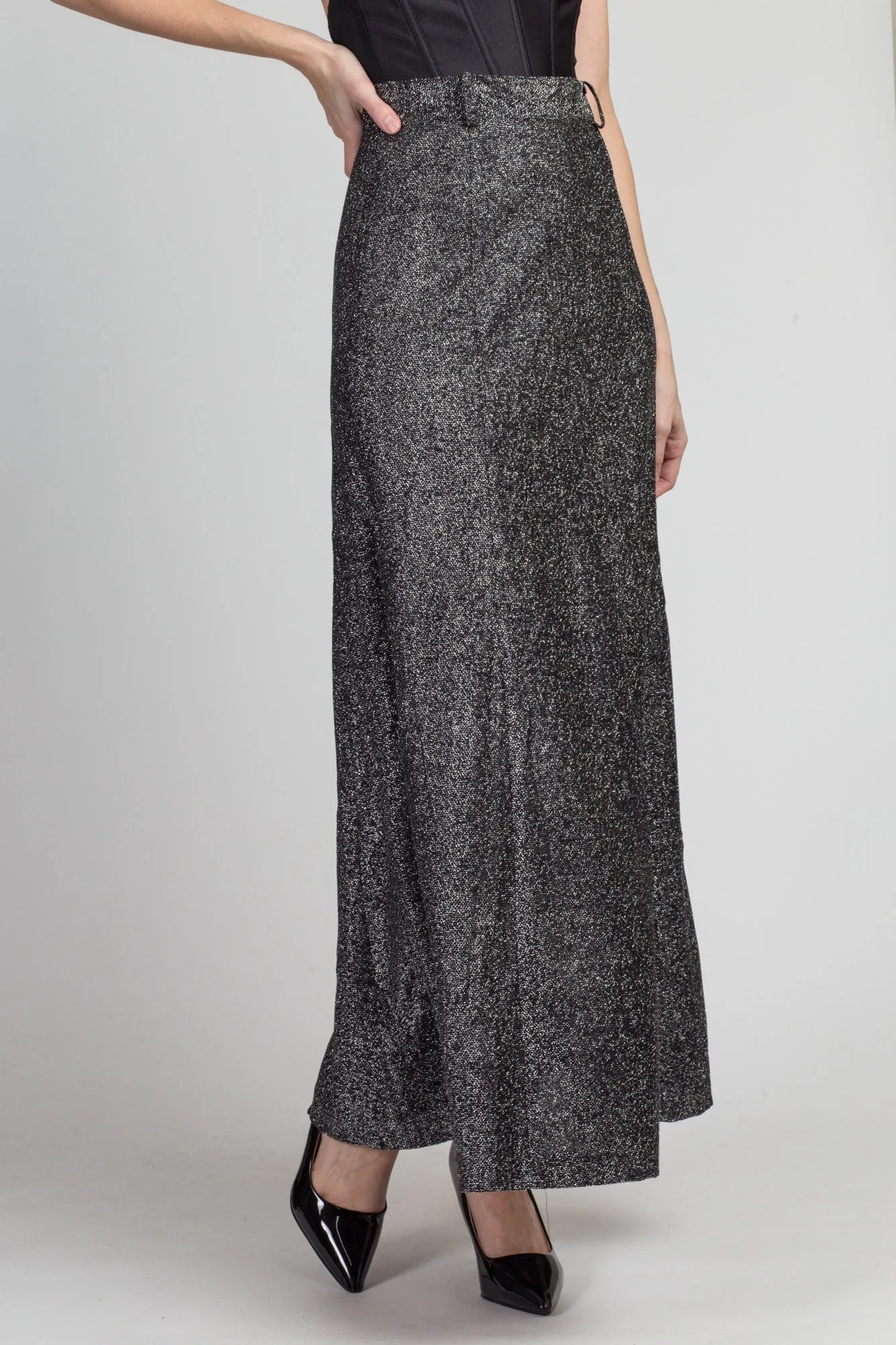 70s Silver Metallic Lurex Maxi Skirt - Extra Small, 25"