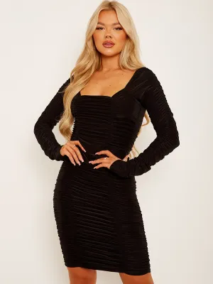 Abbie Slinky Ruched Front & Sleeves Bodycon Dress In Black