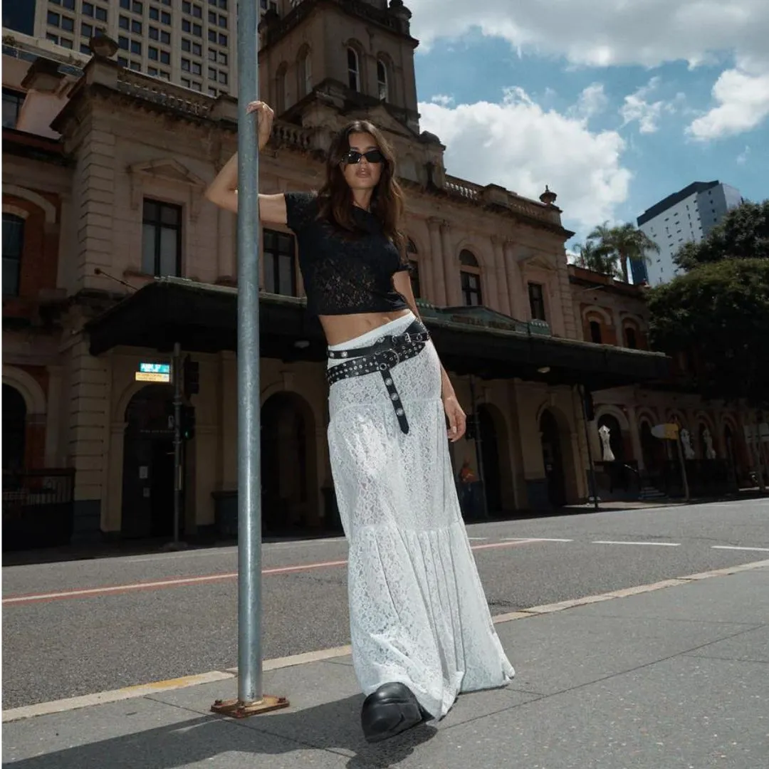 Afends Womens Lace Maxi Skirt - White