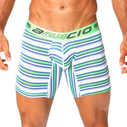 Agacio Stripes Long Leg Boxer Brief Underwear Lime/Royal Blue 5949 Size L