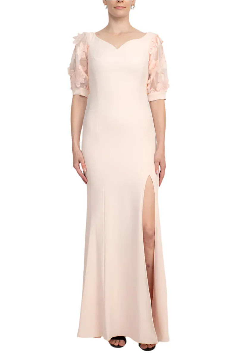 Alberto Makali V-Neck Short Embellished Lace Sleeve Zipper Back Bodycon Slit Side Scuba Dress