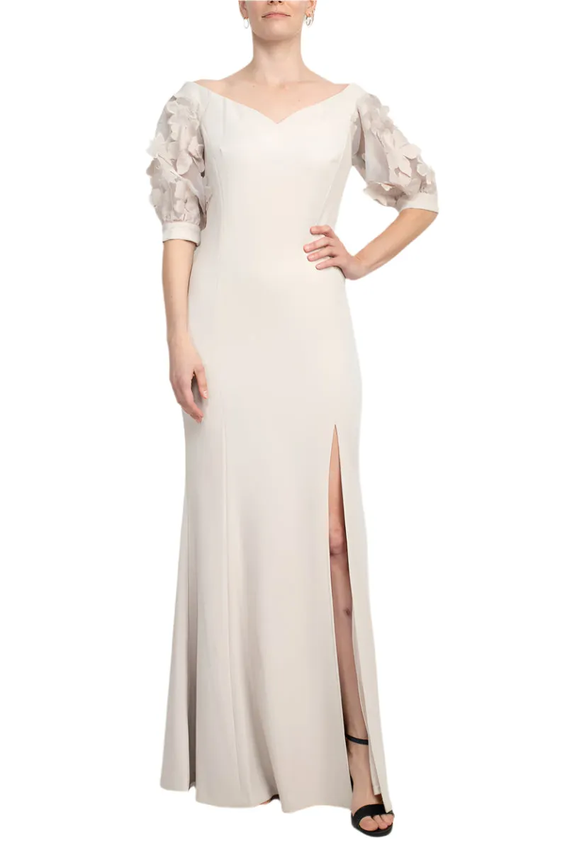 Alberto Makali V-Neck Short Embellished Lace Sleeve Zipper Back Bodycon Slit Side Scuba Dress