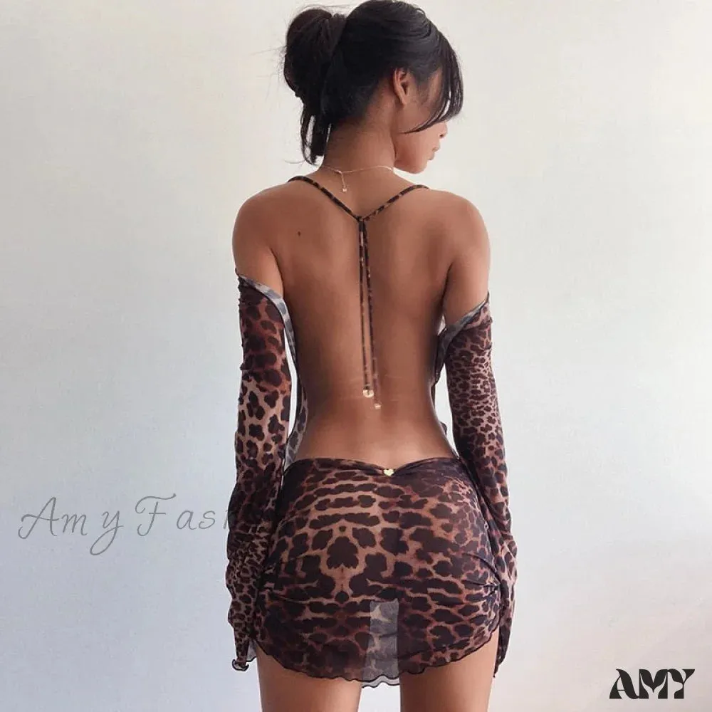 Amy Fashion - Leopard Print Backless Long Sleeve Mesh Dress