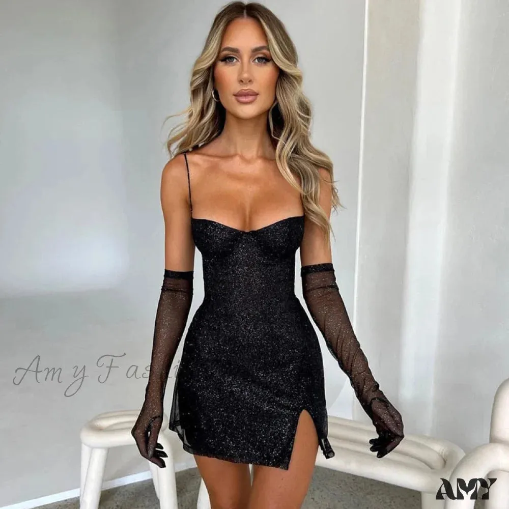 Amy Fashion - Straps Sexy Slit Backless Bodycon Glitter Dress