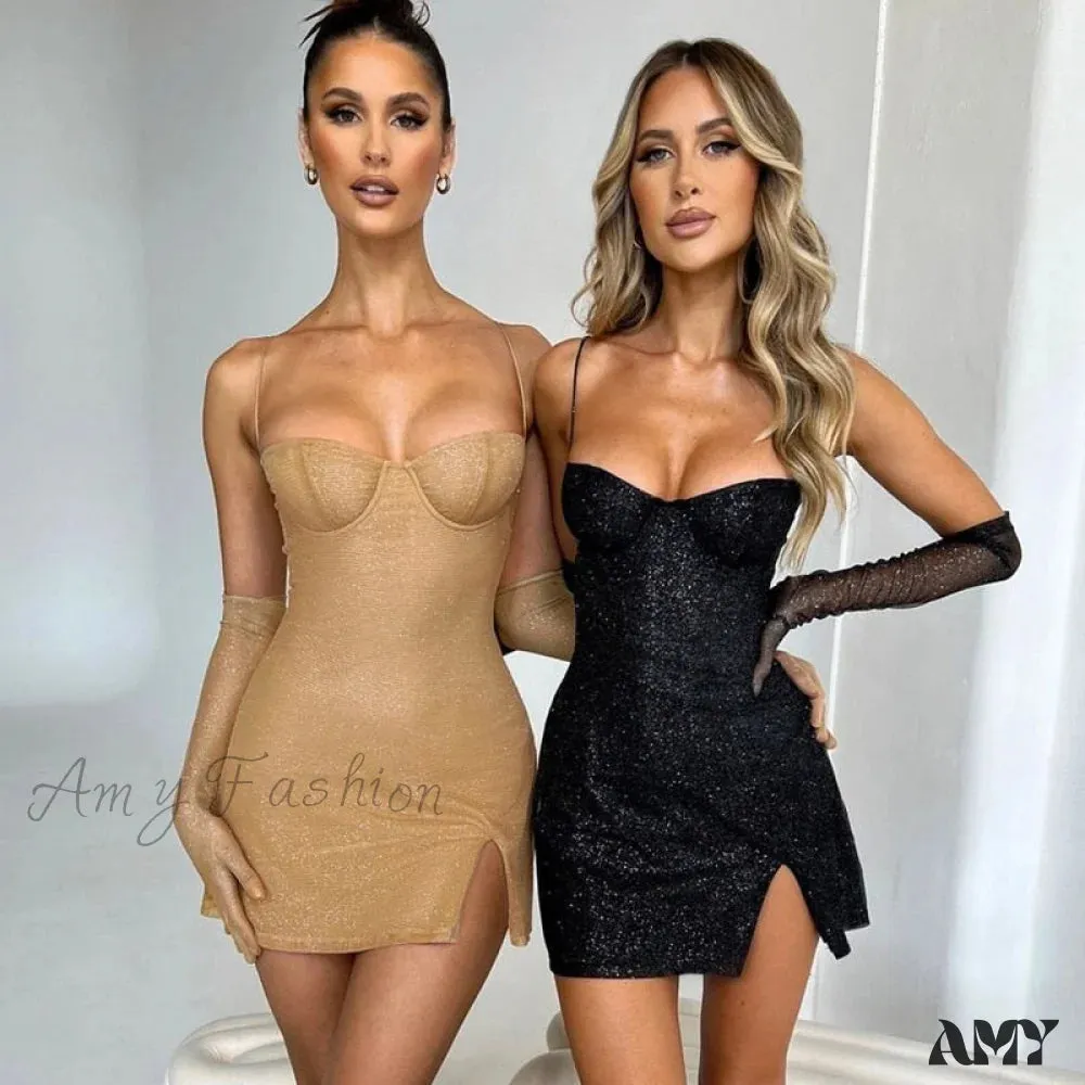 Amy Fashion - Straps Sexy Slit Backless Bodycon Glitter Dress