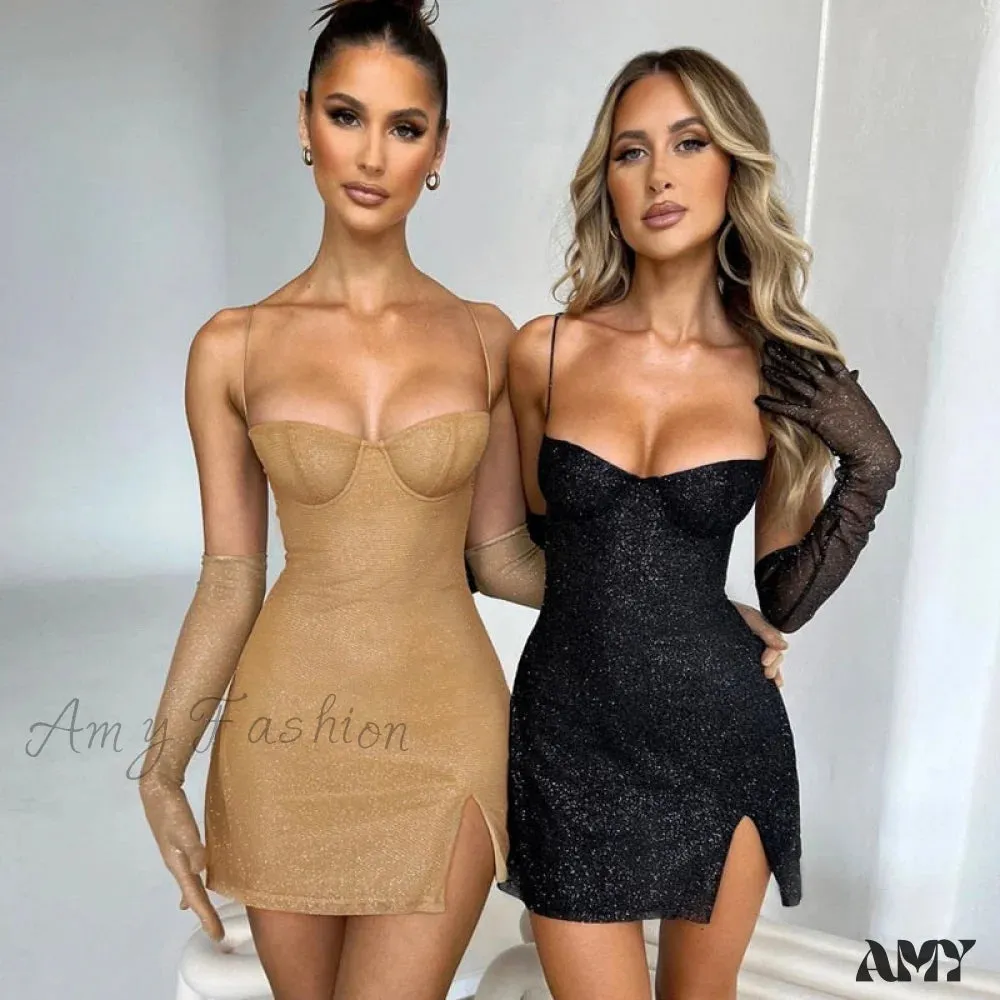 Amy Fashion - Straps Sexy Slit Backless Bodycon Glitter Dress