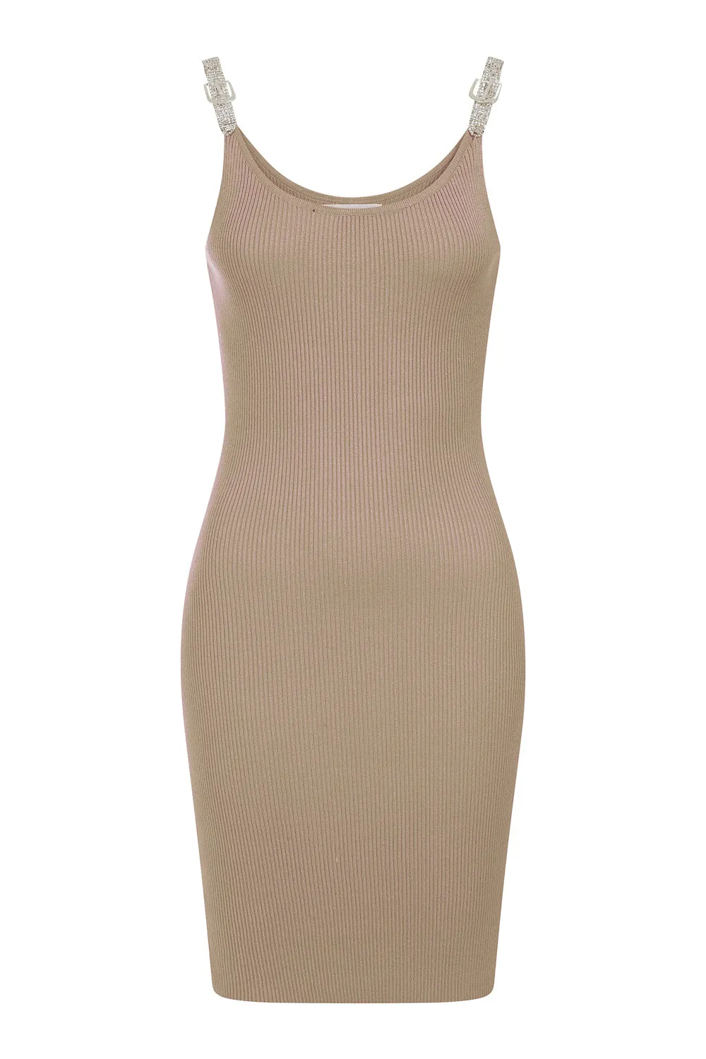 Angelina Beige Diamonte Strap Ribbed Knitted Pencil Midi Bodycon Dress