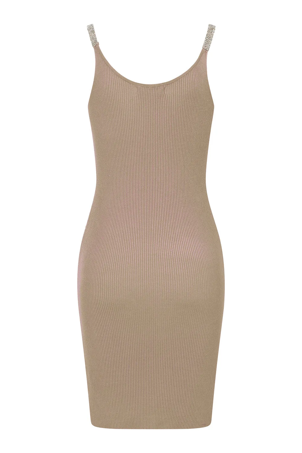 Angelina Beige Diamonte Strap Ribbed Knitted Pencil Midi Bodycon Dress