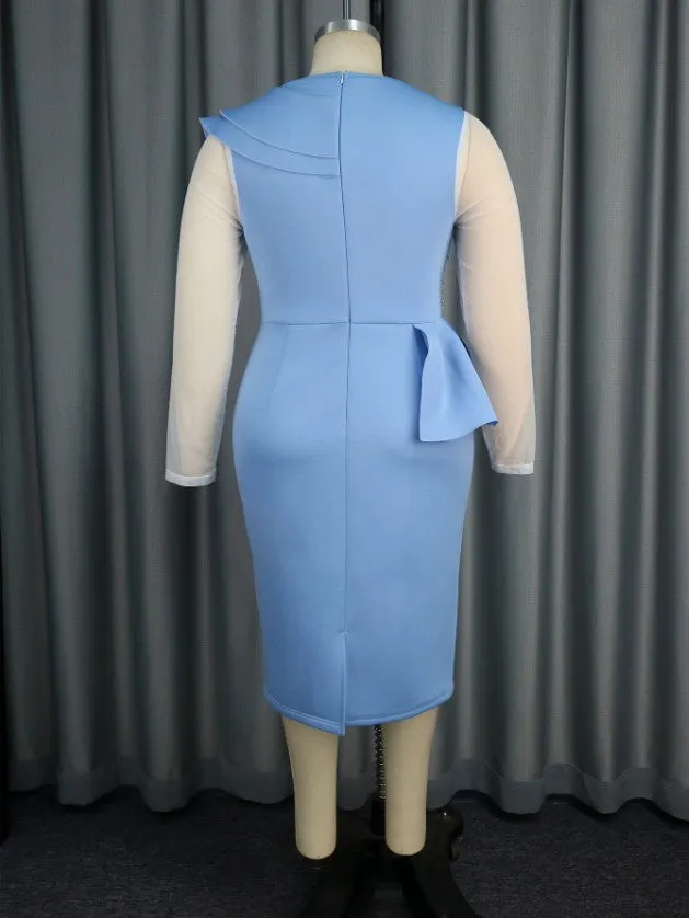 AOMEIDRESS Bodycon Dress Mesh Patchwork Long Sleeve Beading Ruffle