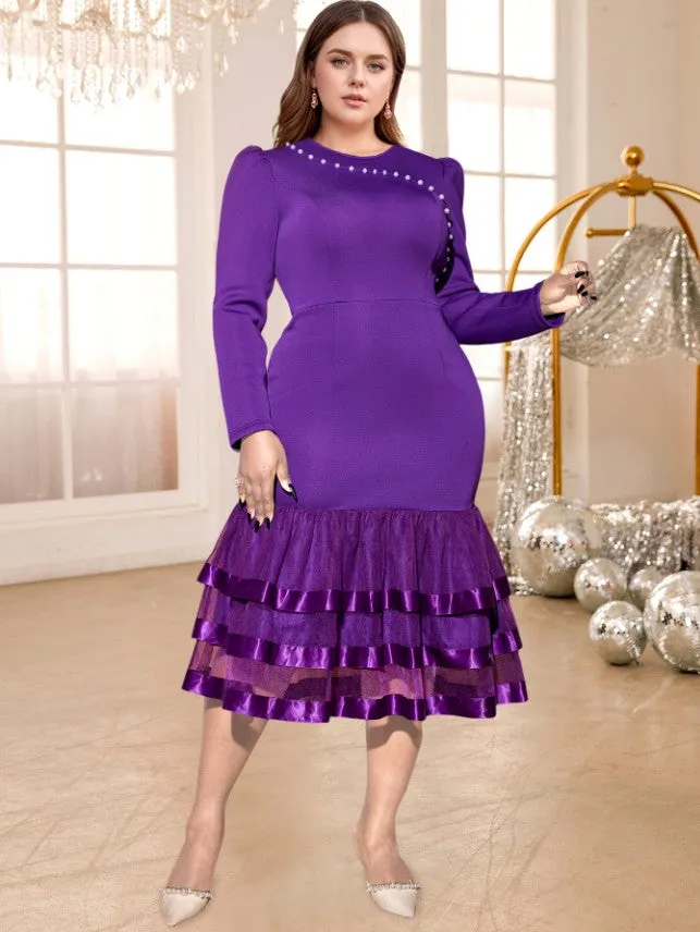 AOMEIDRESS Fishtail Dress O Neck Long Sleeves Beading Mesh Patchwork