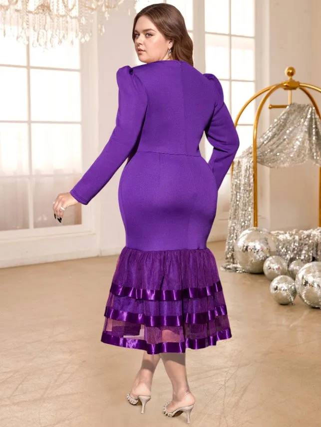 AOMEIDRESS Fishtail Dress O Neck Long Sleeves Beading Mesh Patchwork