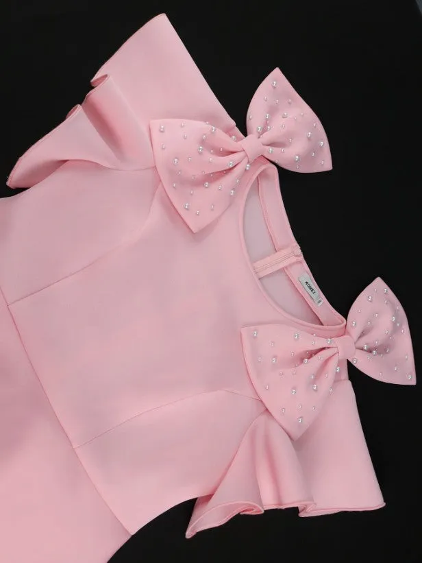 AOMEIDRESS O Neck Dress Bowtie Beading Short Sleeves Peplum Bodycon
