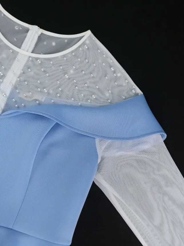 AOMEIDRESS Peplum Dresses O Neck Long Sheer Beaded Sleeve High Waist