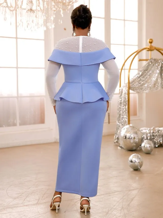 AOMEIDRESS Peplum Dresses O Neck Long Sheer Beaded Sleeve High Waist