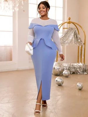 AOMEIDRESS Peplum Dresses O Neck Long Sheer Beaded Sleeve High Waist