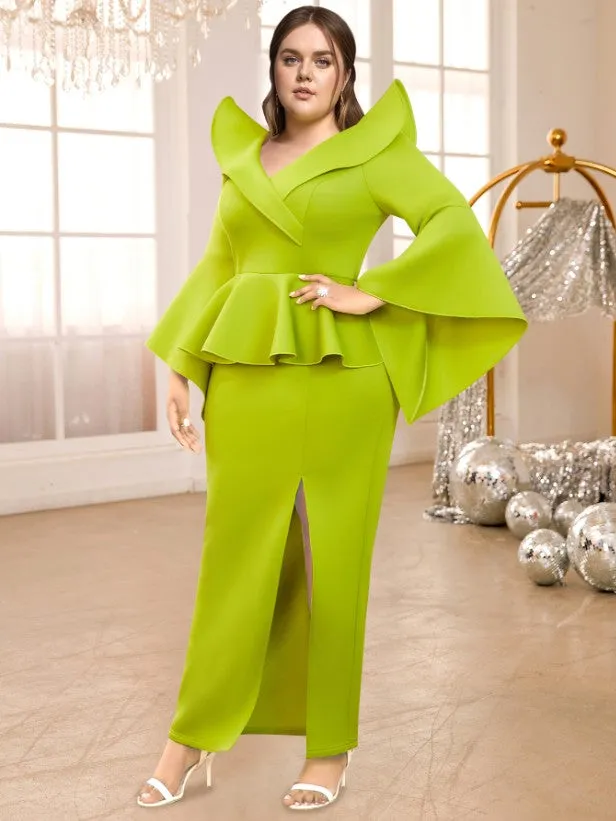 AOMEIDRESS V Neck Maxi Dress Ruffles Long Flare Sleeve Empire Peplum