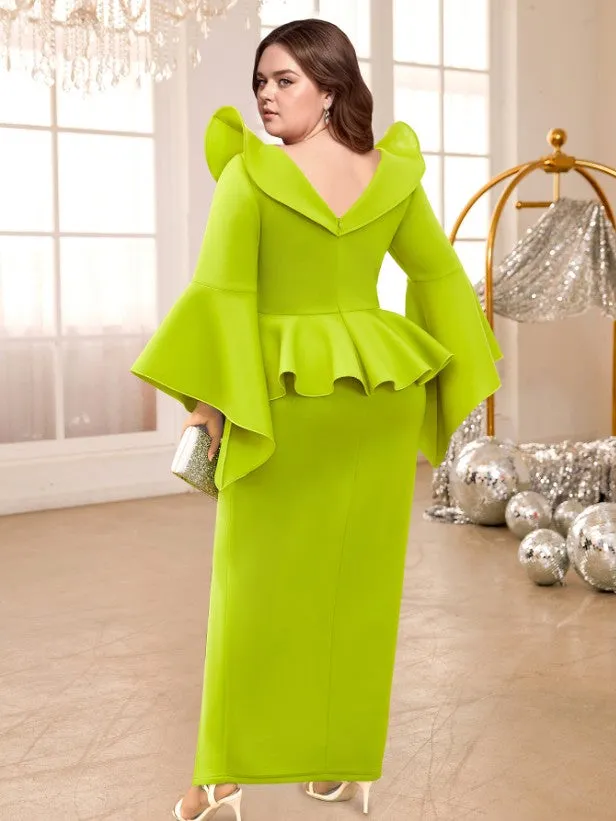 AOMEIDRESS V Neck Maxi Dress Ruffles Long Flare Sleeve Empire Peplum