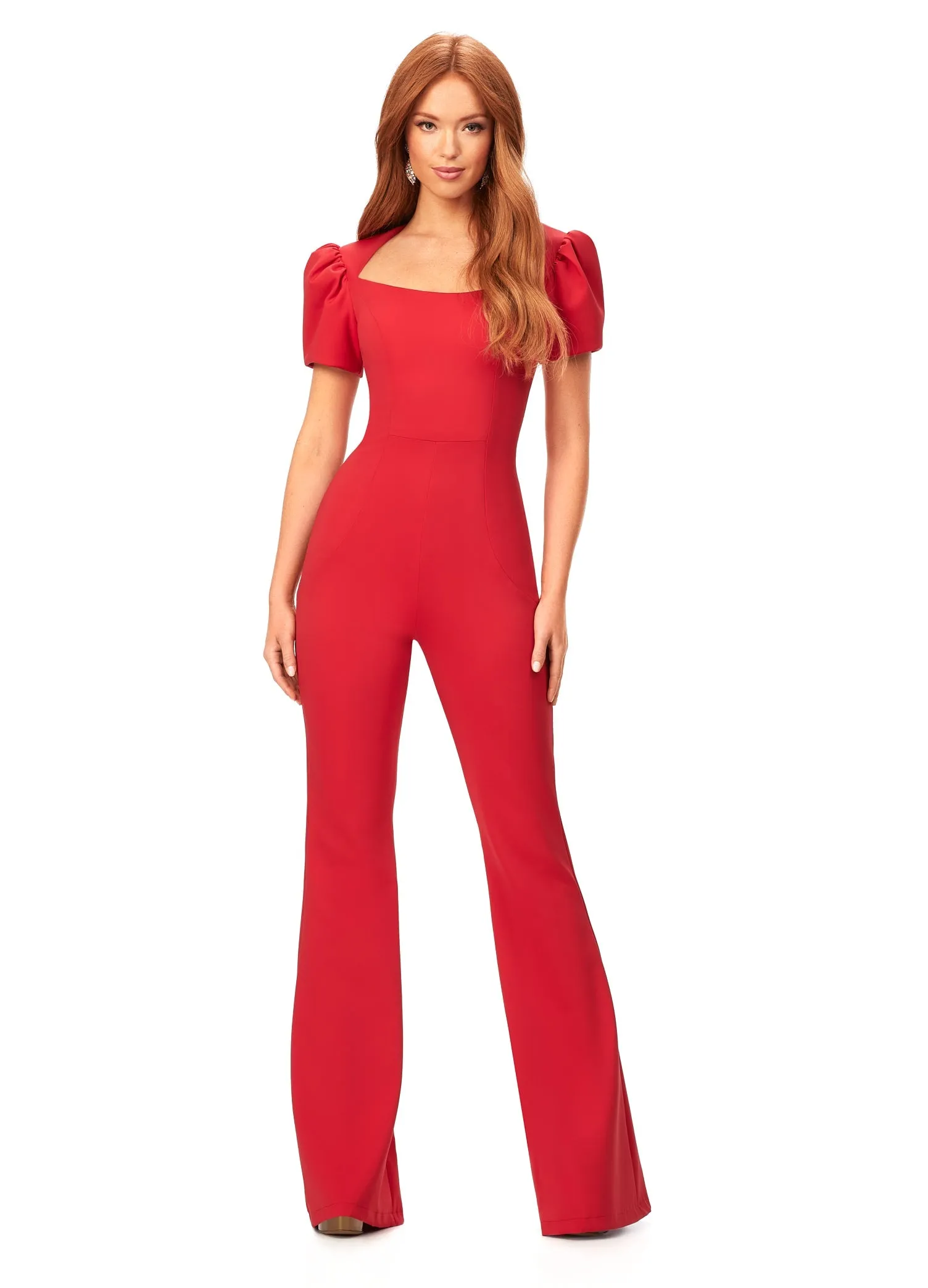 Ashley Lauren 11218 Size 6 Sky Blue Jumpsuit Long Puff Cap sleeve Fitted Scuba Pageant Formal Wear