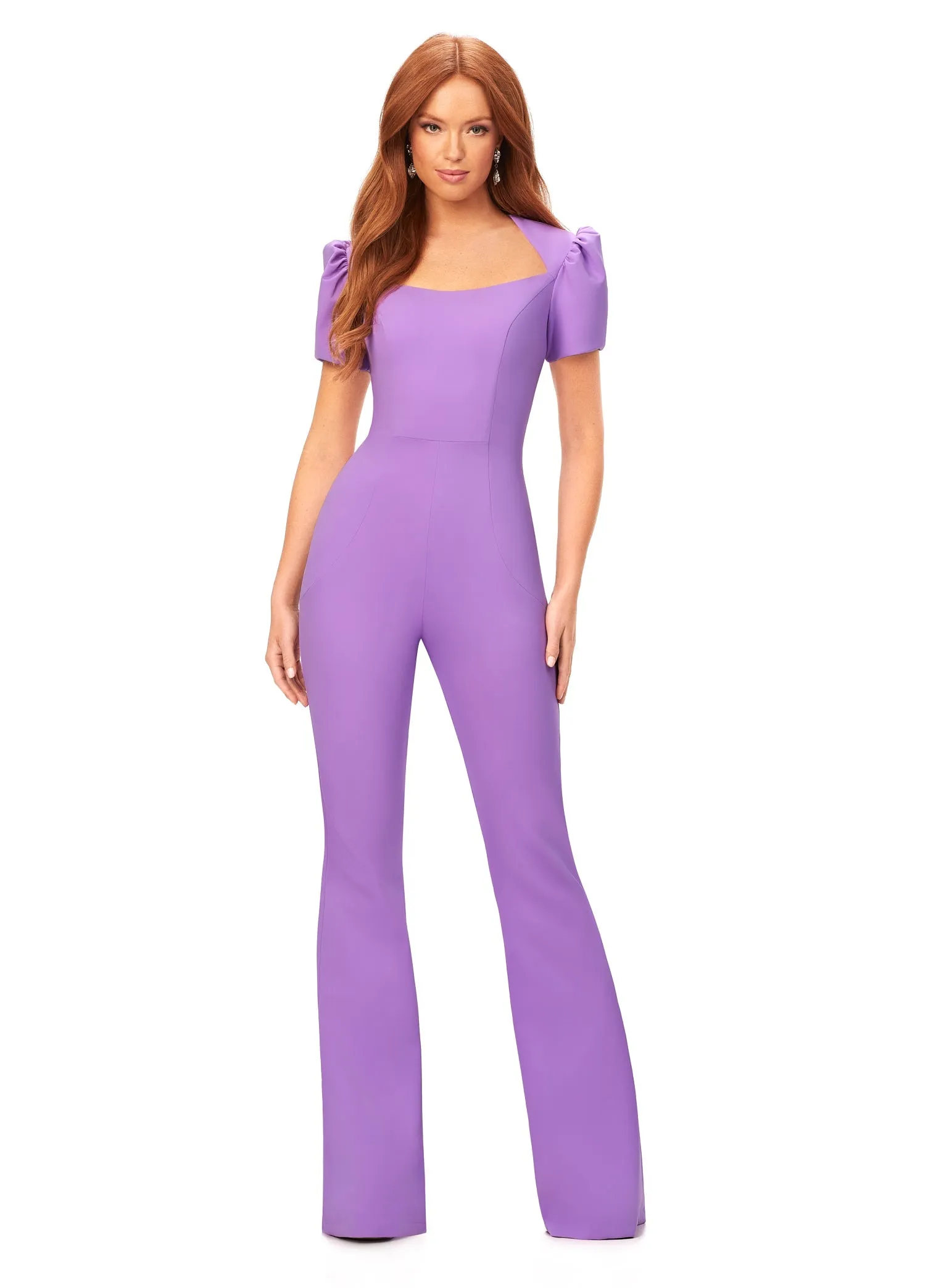 Ashley Lauren 11218 Size 6 Sky Blue Jumpsuit Long Puff Cap sleeve Fitted Scuba Pageant Formal Wear