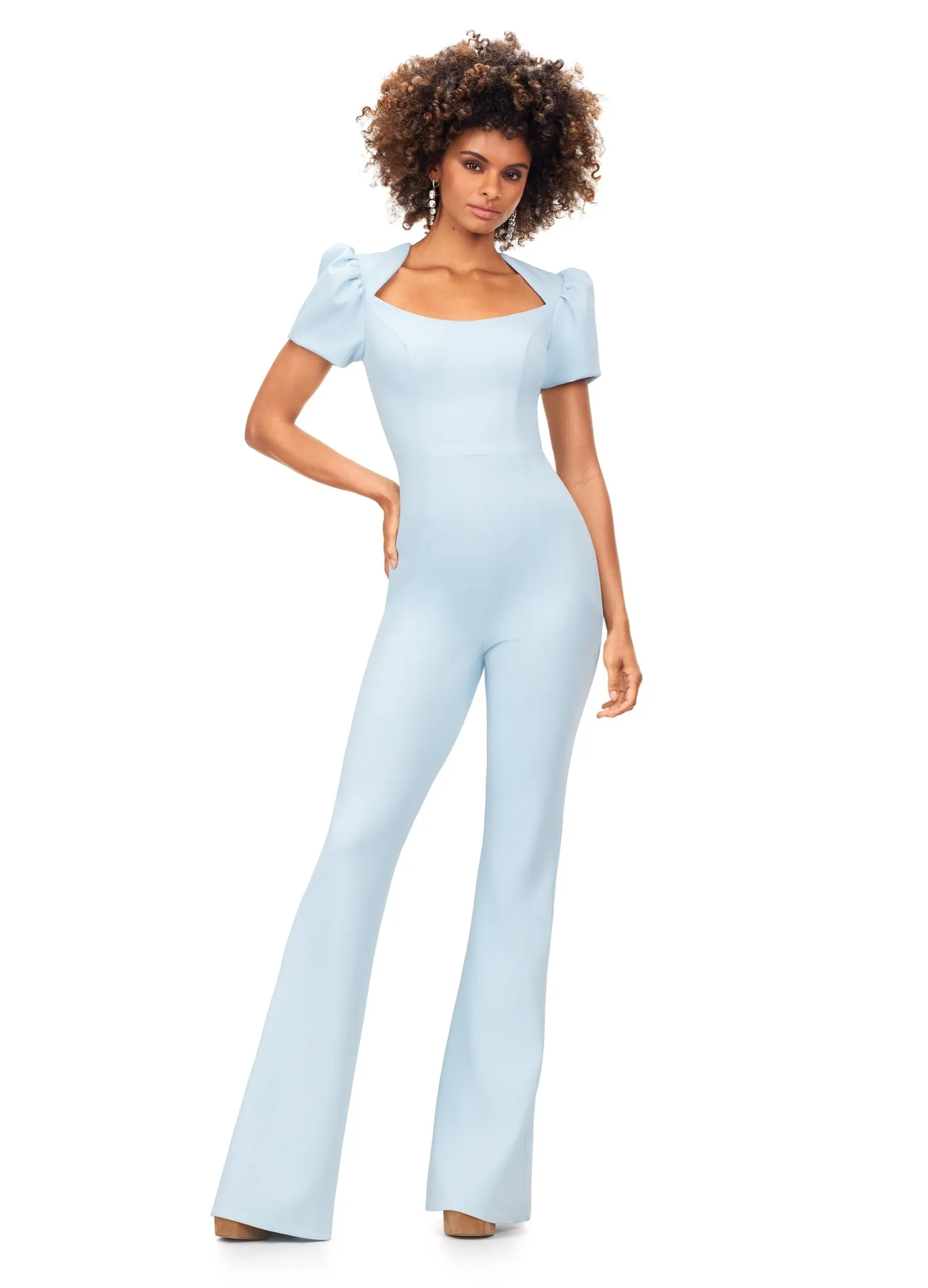 Ashley Lauren 11218 Size 6 Sky Blue Jumpsuit Long Puff Cap sleeve Fitted Scuba Pageant Formal Wear