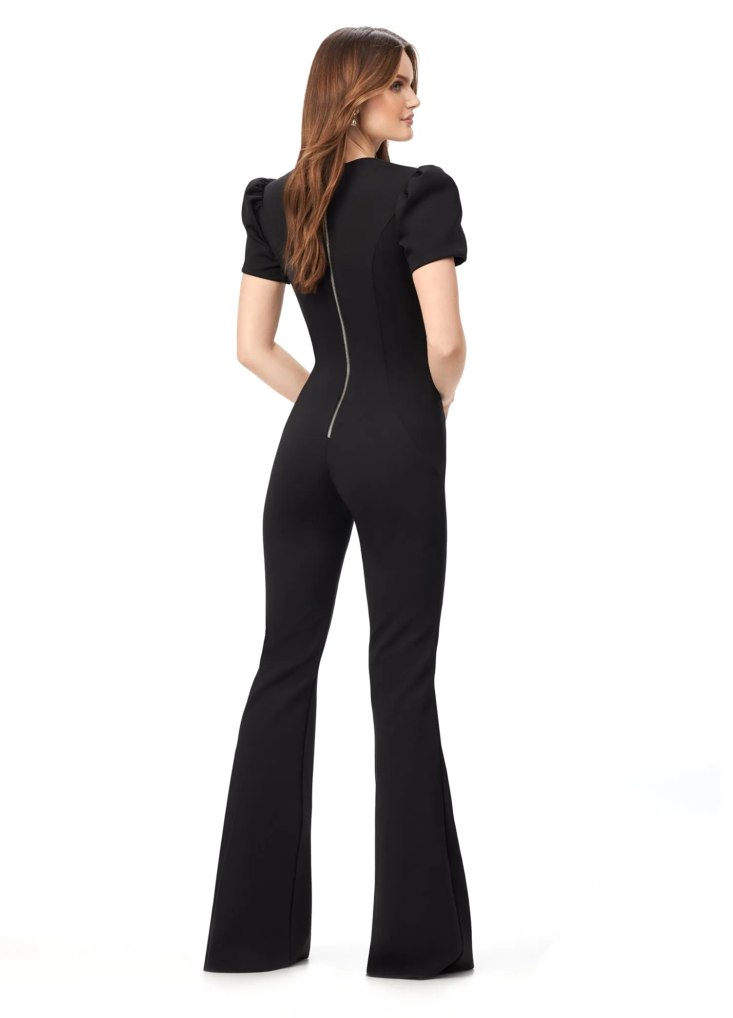Ashley Lauren 11218 Size 6 Sky Blue Jumpsuit Long Puff Cap sleeve Fitted Scuba Pageant Formal Wear