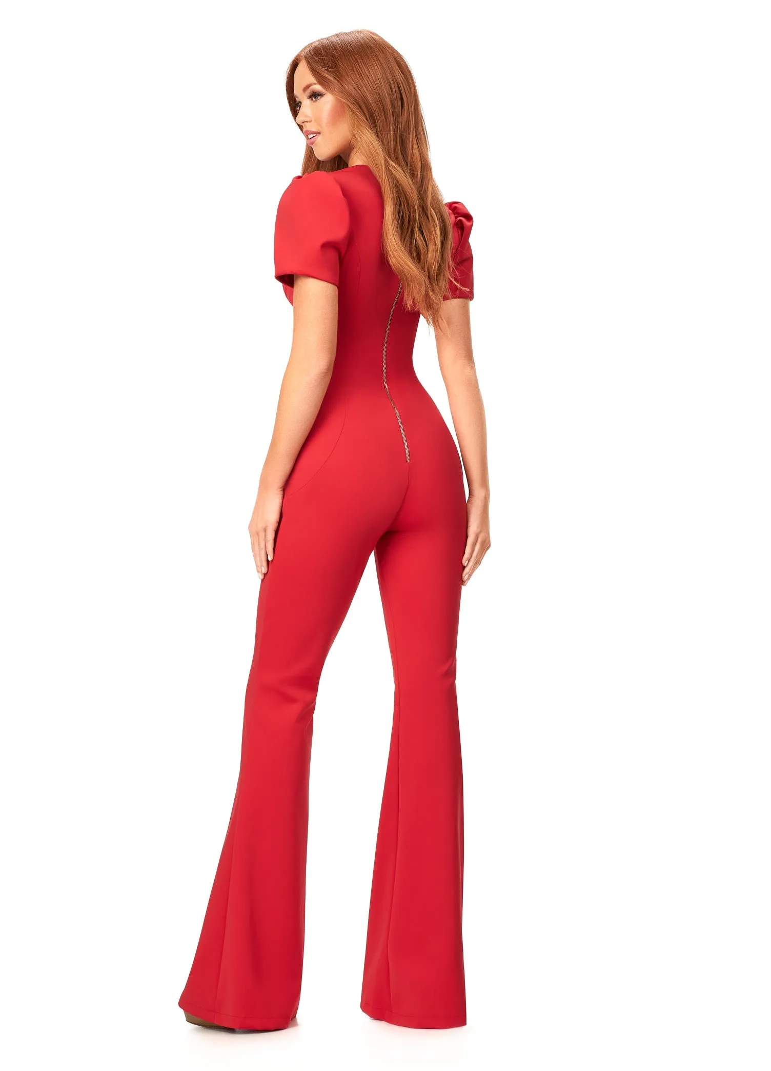 Ashley Lauren 11218 Size 6 Sky Blue Jumpsuit Long Puff Cap sleeve Fitted Scuba Pageant Formal Wear