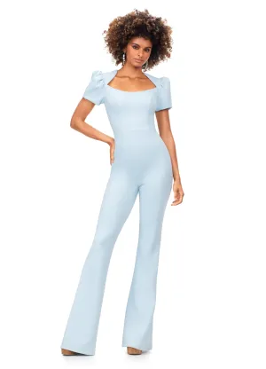 Ashley Lauren 11218 Size 6 Sky Blue Jumpsuit Long Puff Cap sleeve Fitted Scuba Pageant Formal Wear