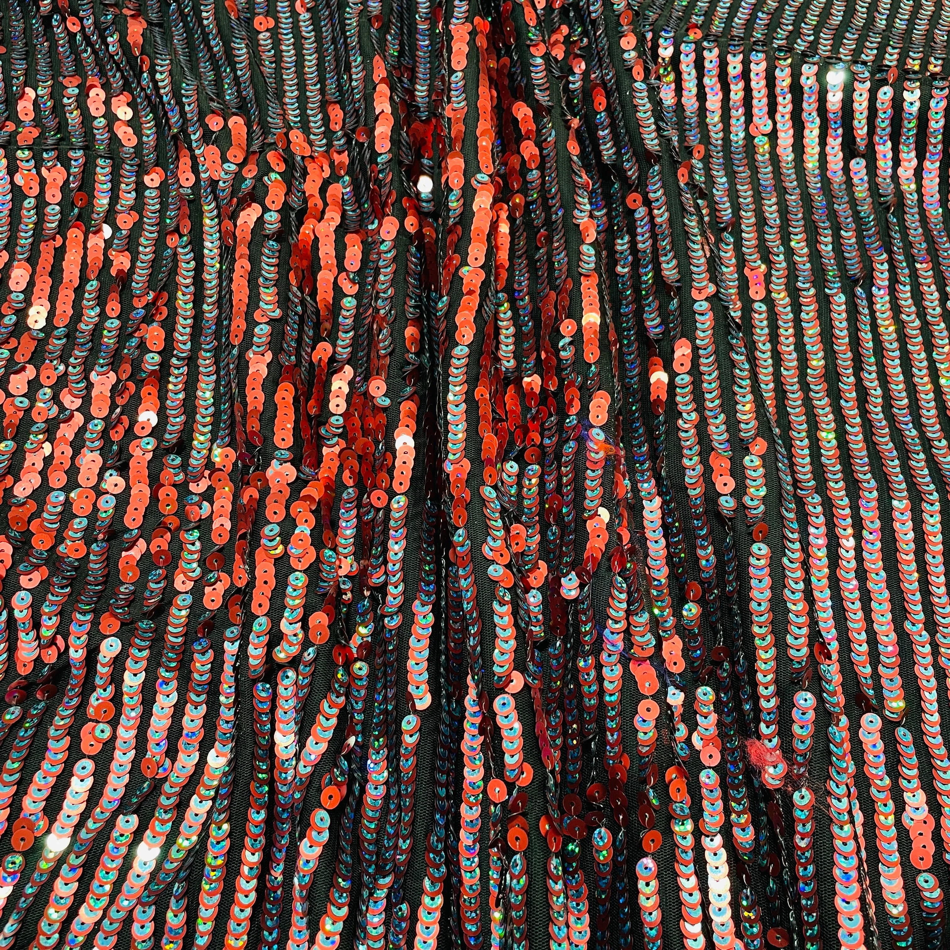 Balck With Red and Blue Stripes Sequins Net Imported Fabric