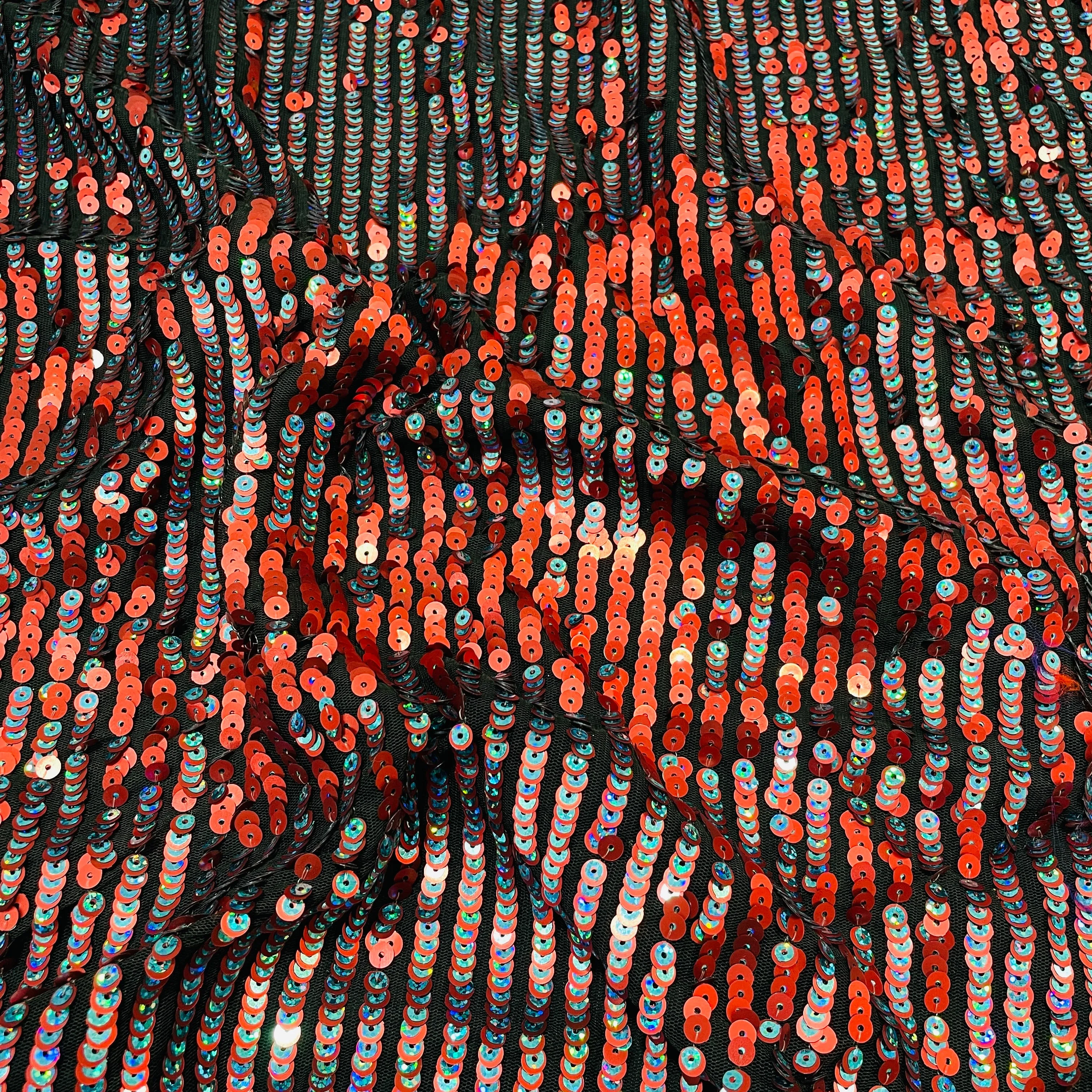 Balck With Red and Blue Stripes Sequins Net Imported Fabric