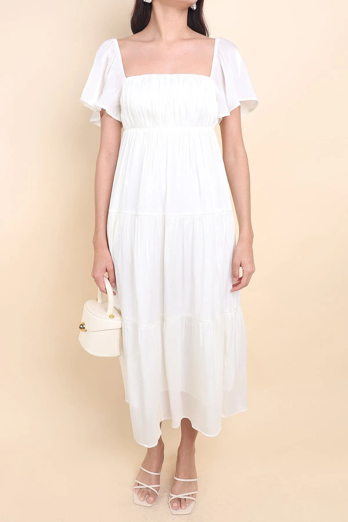 BELLE FLUTTERS SHIMMERY MIDAXI IN CREAMY WHITE