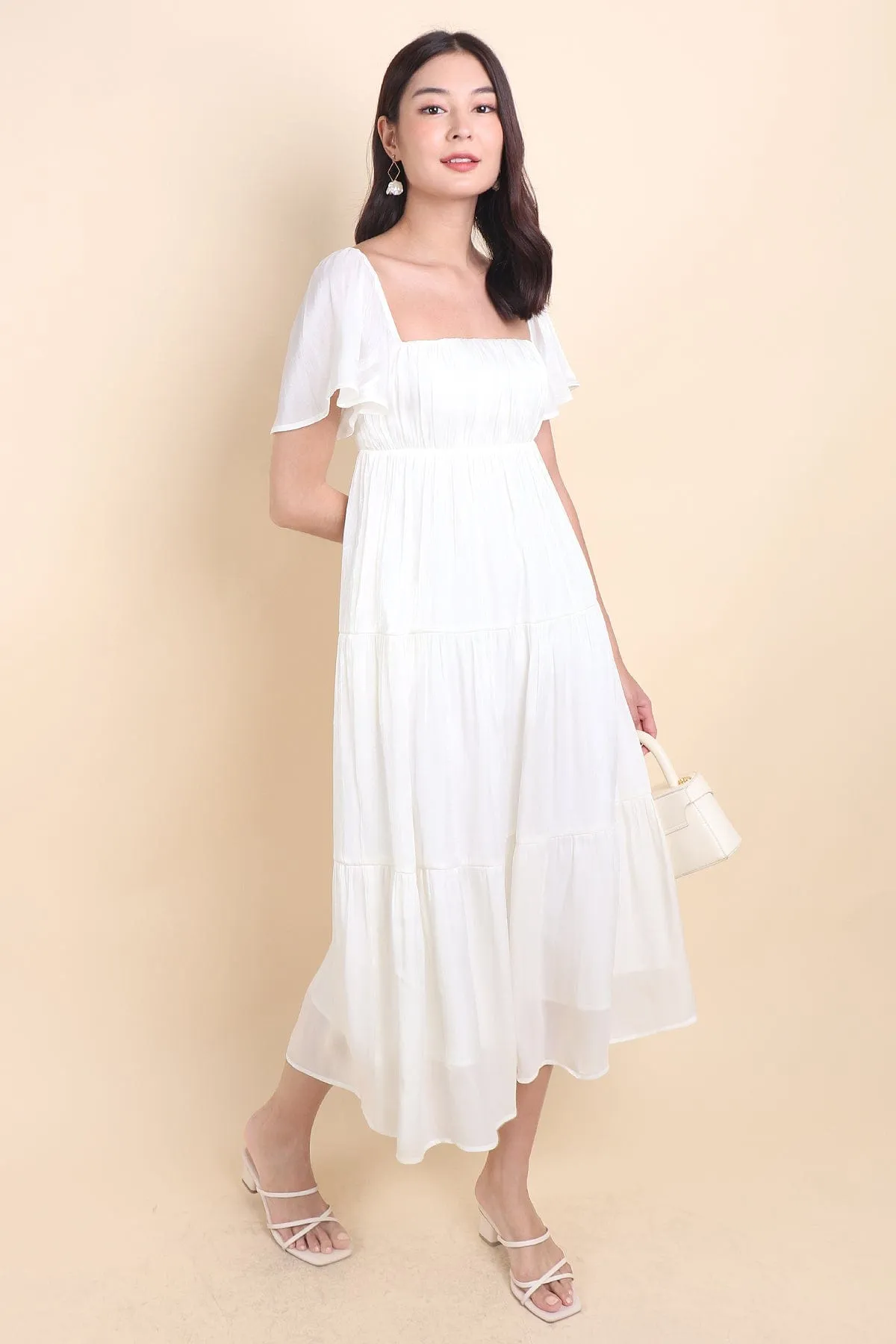 BELLE FLUTTERS SHIMMERY MIDAXI IN CREAMY WHITE