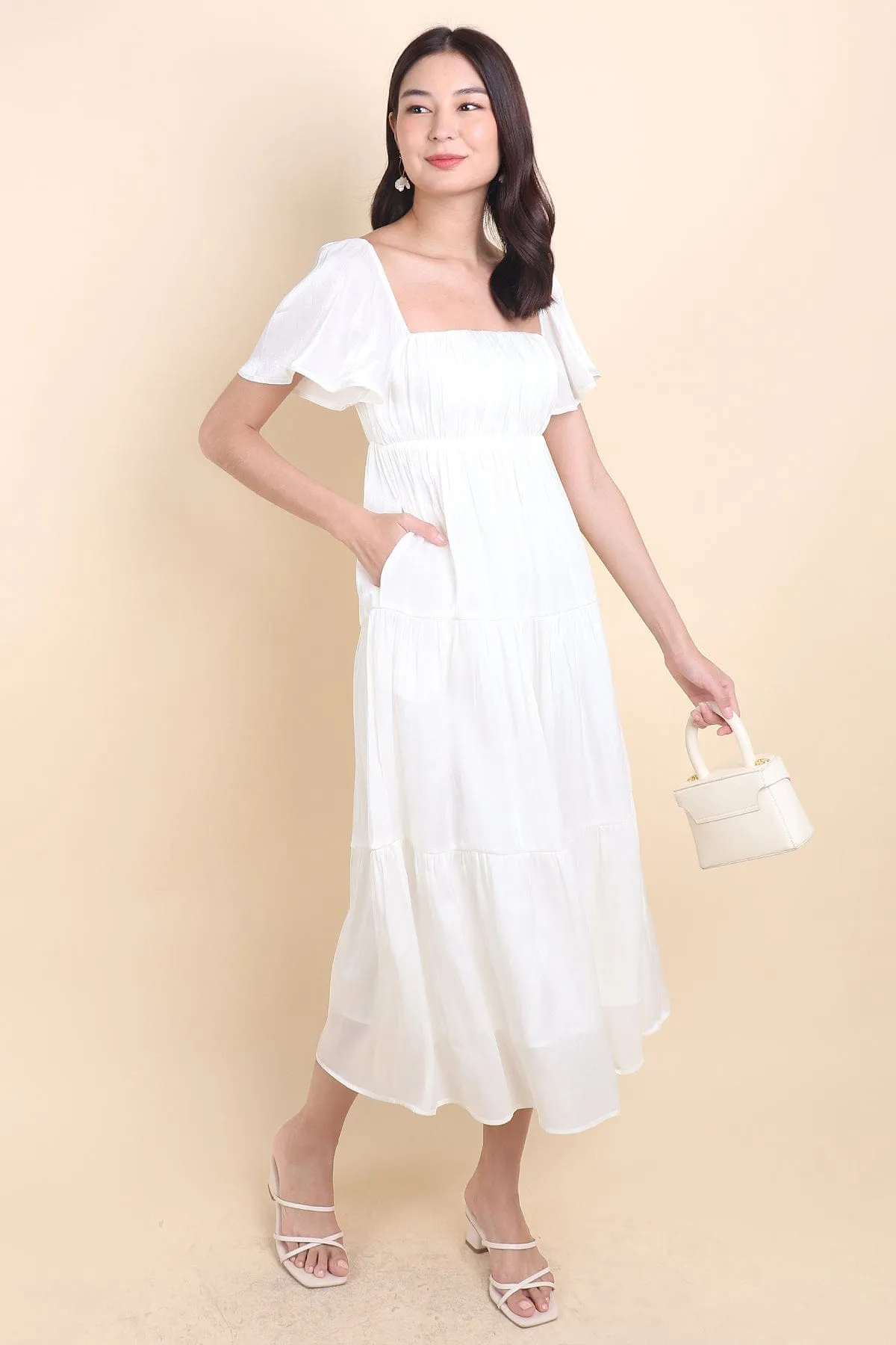 BELLE FLUTTERS SHIMMERY MIDAXI IN CREAMY WHITE