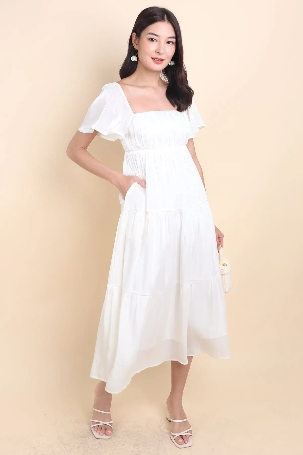 BELLE FLUTTERS SHIMMERY MIDAXI IN CREAMY WHITE