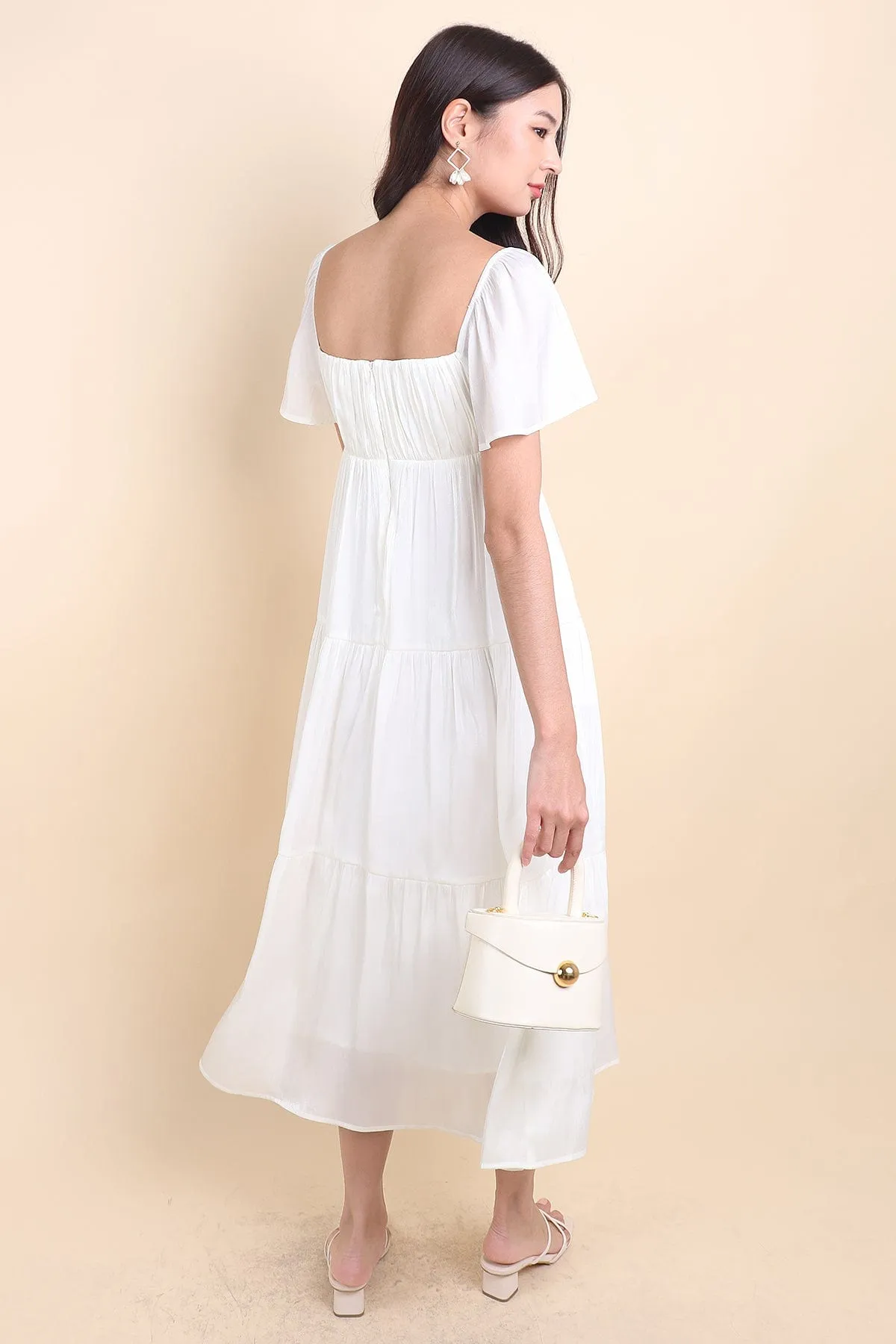 BELLE FLUTTERS SHIMMERY MIDAXI IN CREAMY WHITE