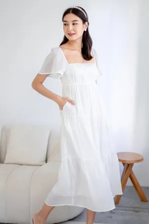 BELLE FLUTTERS SHIMMERY MIDAXI IN CREAMY WHITE