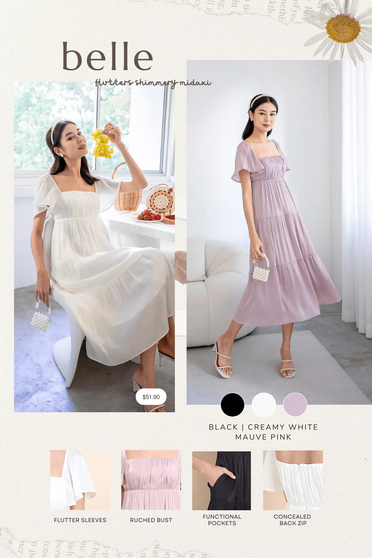 BELLE FLUTTERS SHIMMERY MIDAXI IN CREAMY WHITE