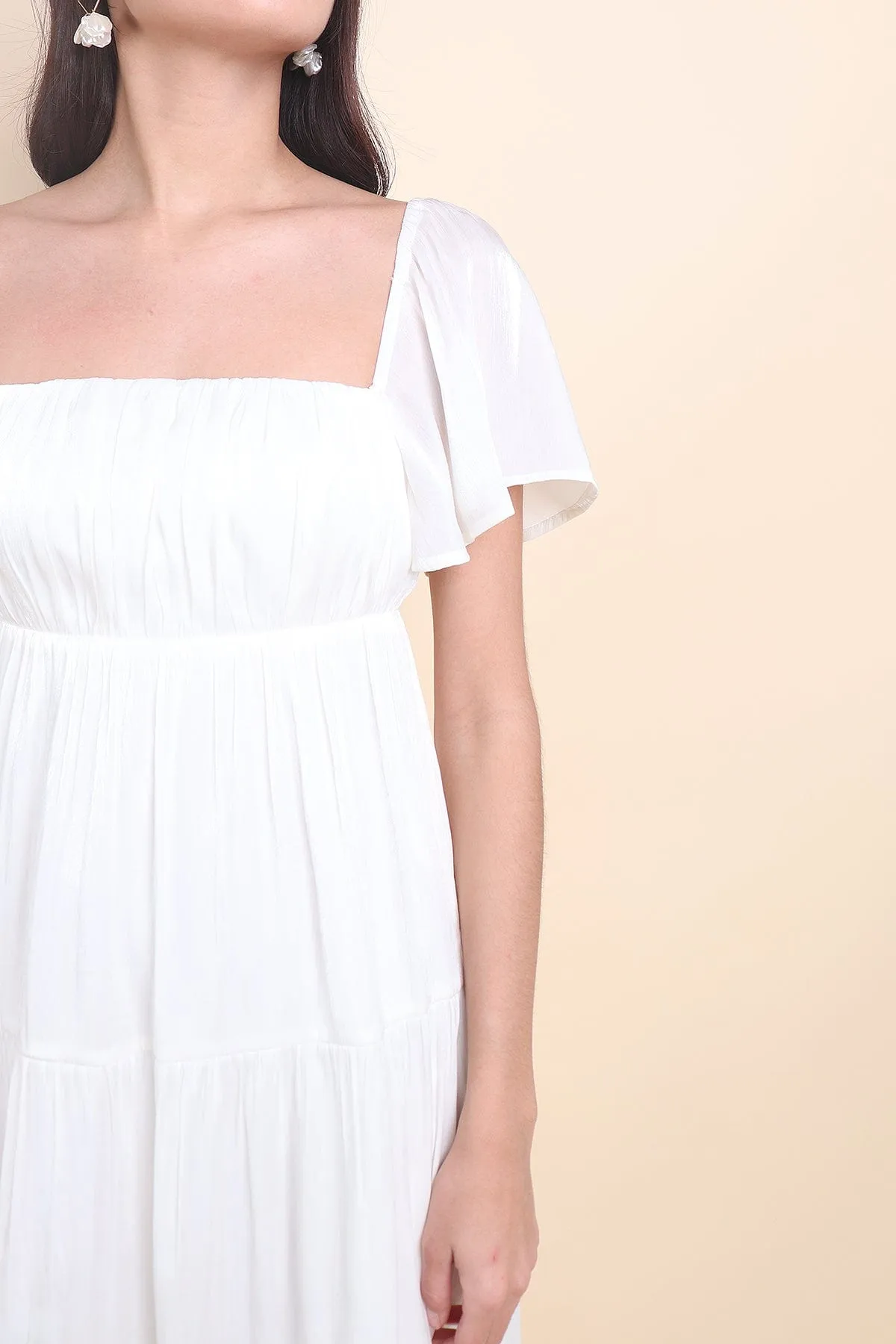 BELLE FLUTTERS SHIMMERY MIDAXI IN CREAMY WHITE