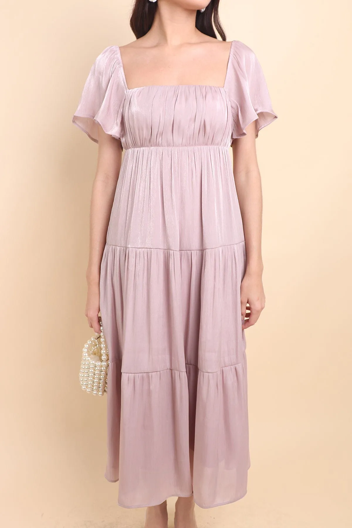 BELLE FLUTTERS SHIMMERY MIDAXI IN MAUVE PINK