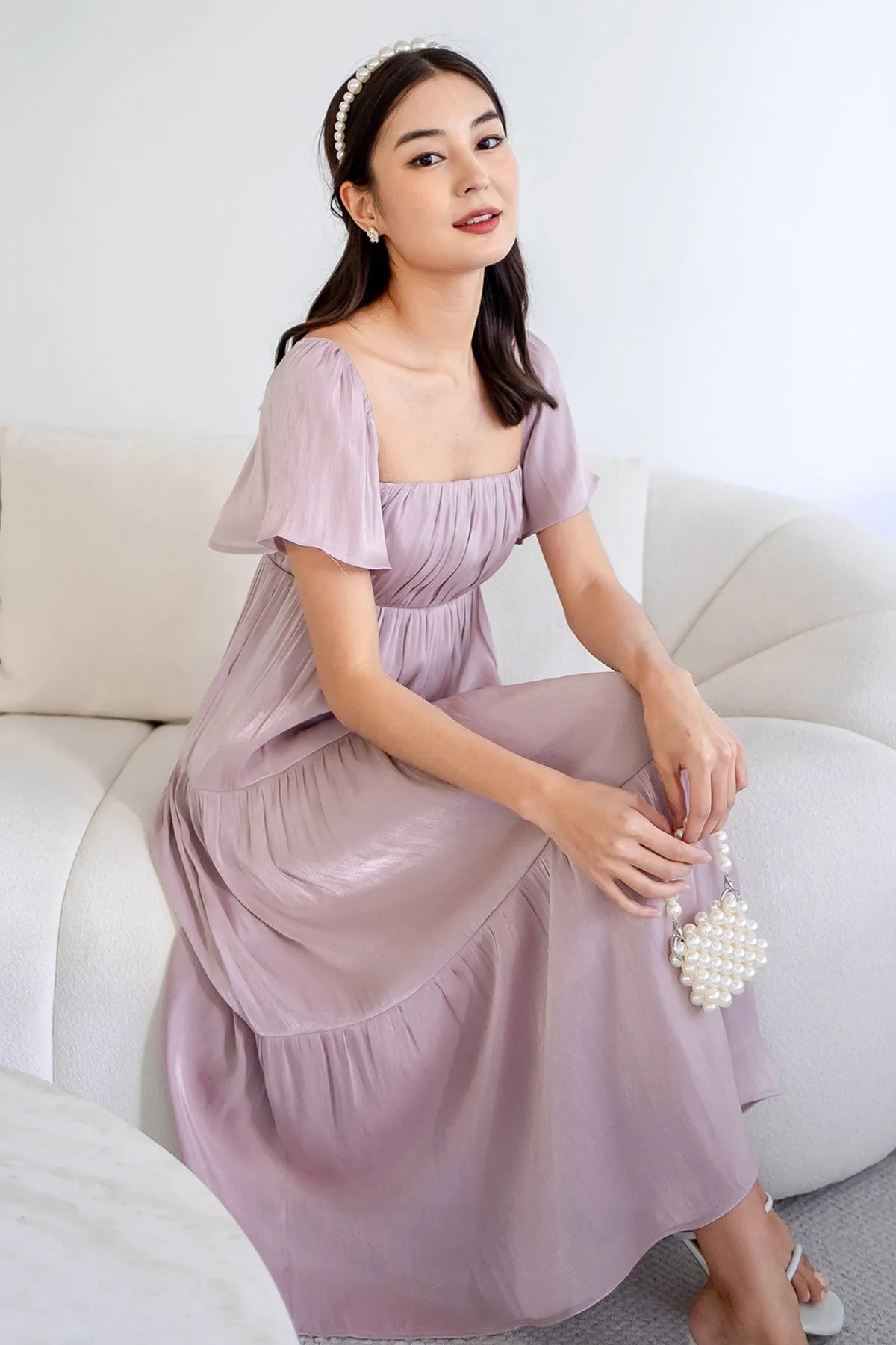 BELLE FLUTTERS SHIMMERY MIDAXI IN MAUVE PINK