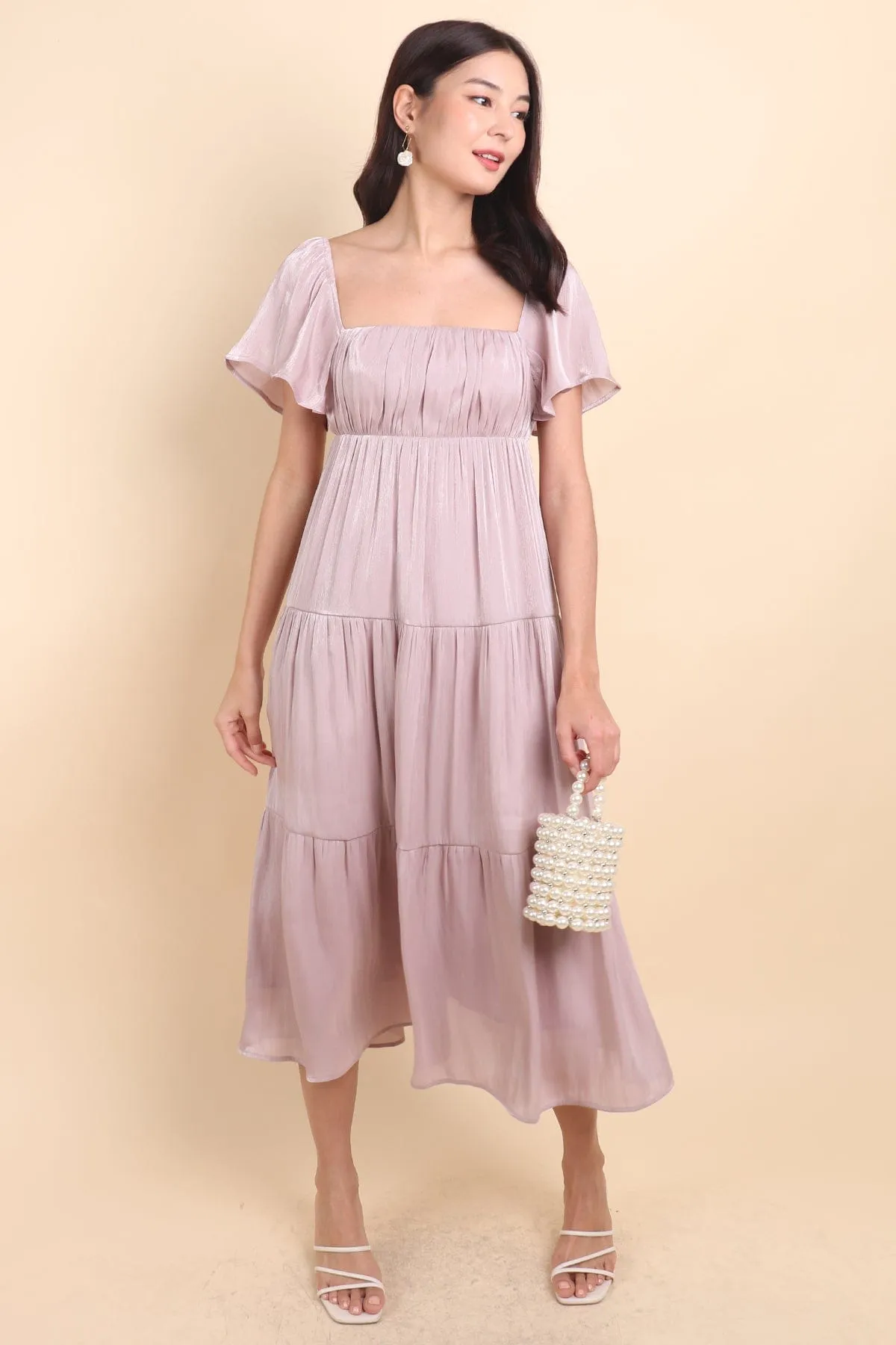 BELLE FLUTTERS SHIMMERY MIDAXI IN MAUVE PINK