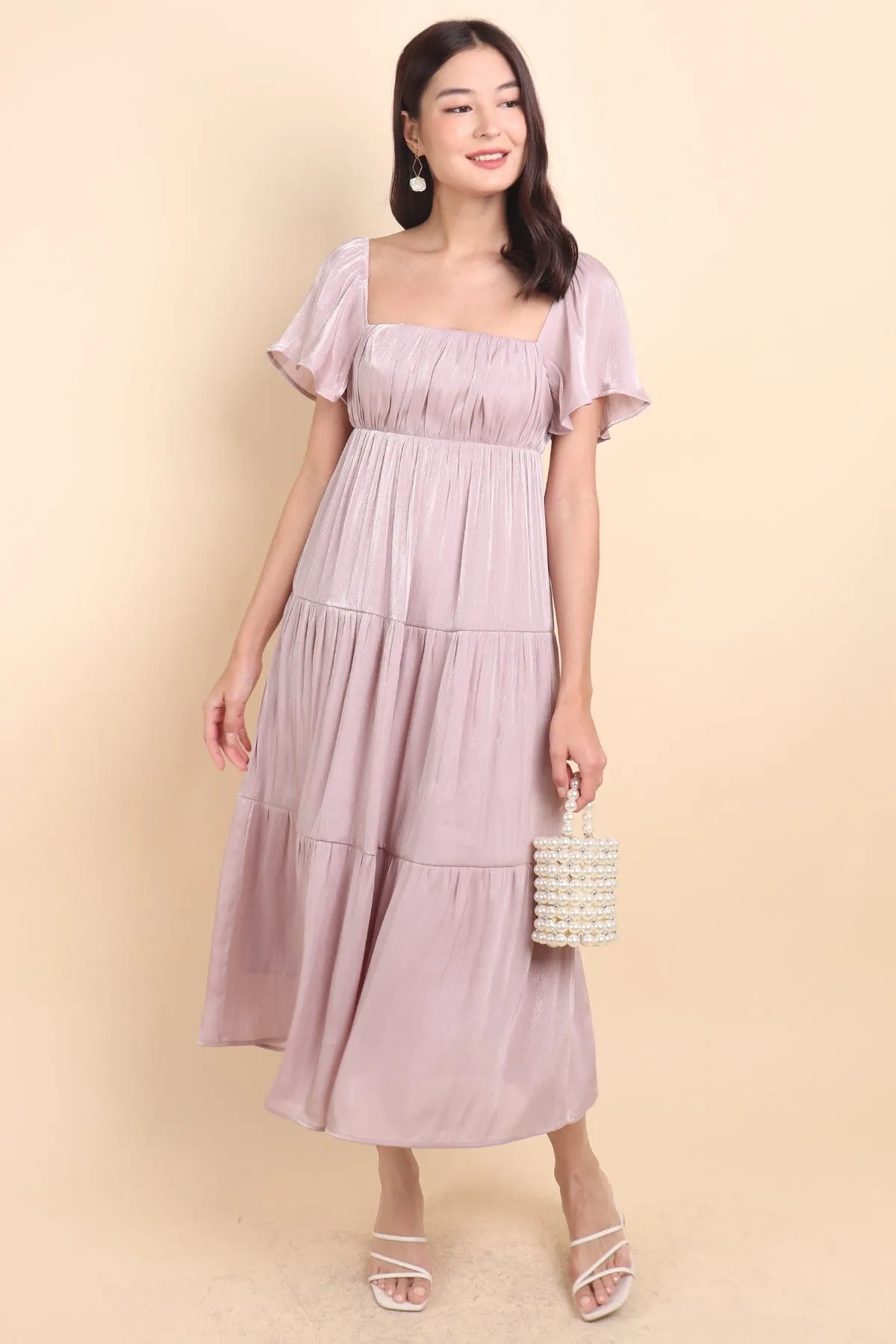 BELLE FLUTTERS SHIMMERY MIDAXI IN MAUVE PINK