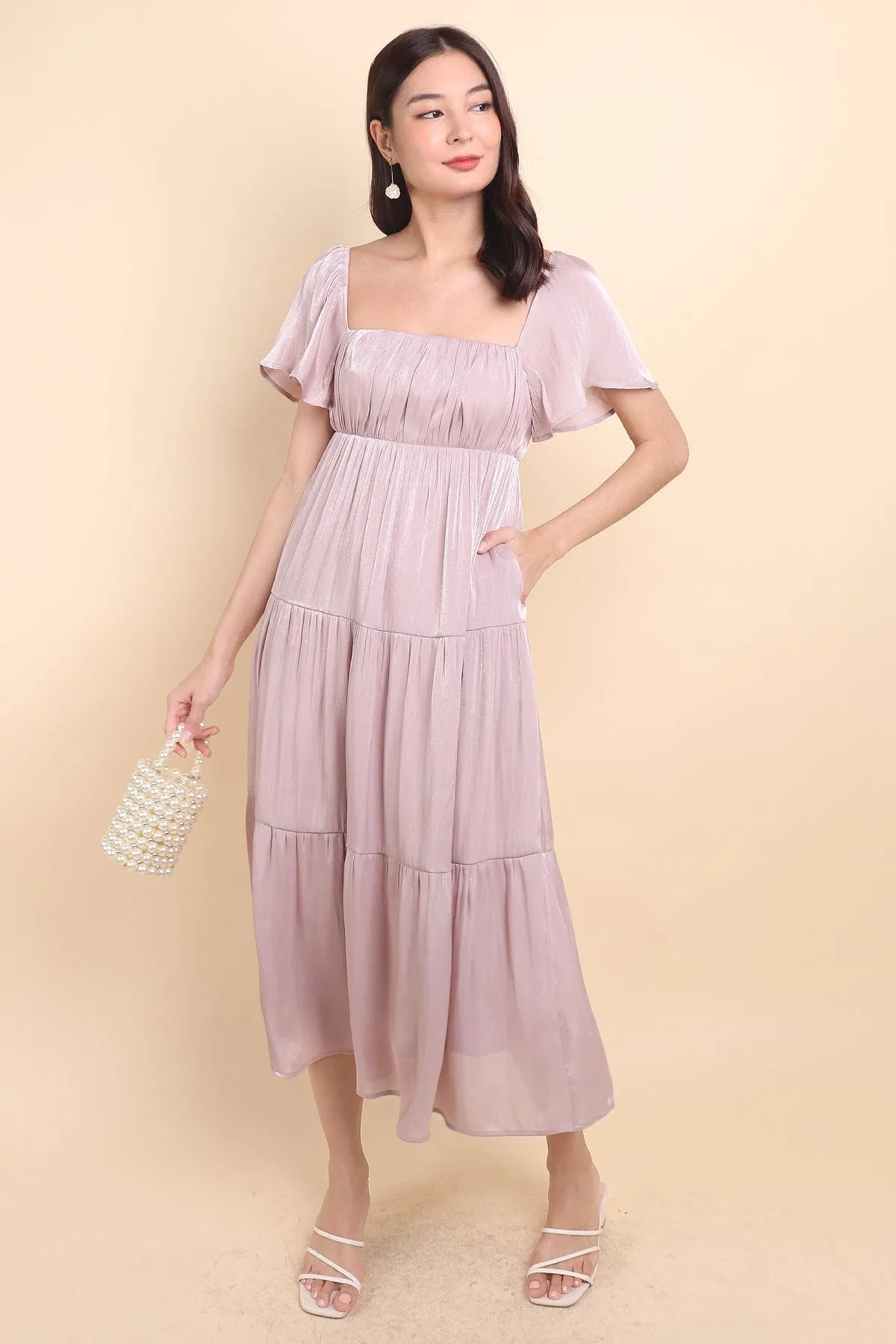 BELLE FLUTTERS SHIMMERY MIDAXI IN MAUVE PINK