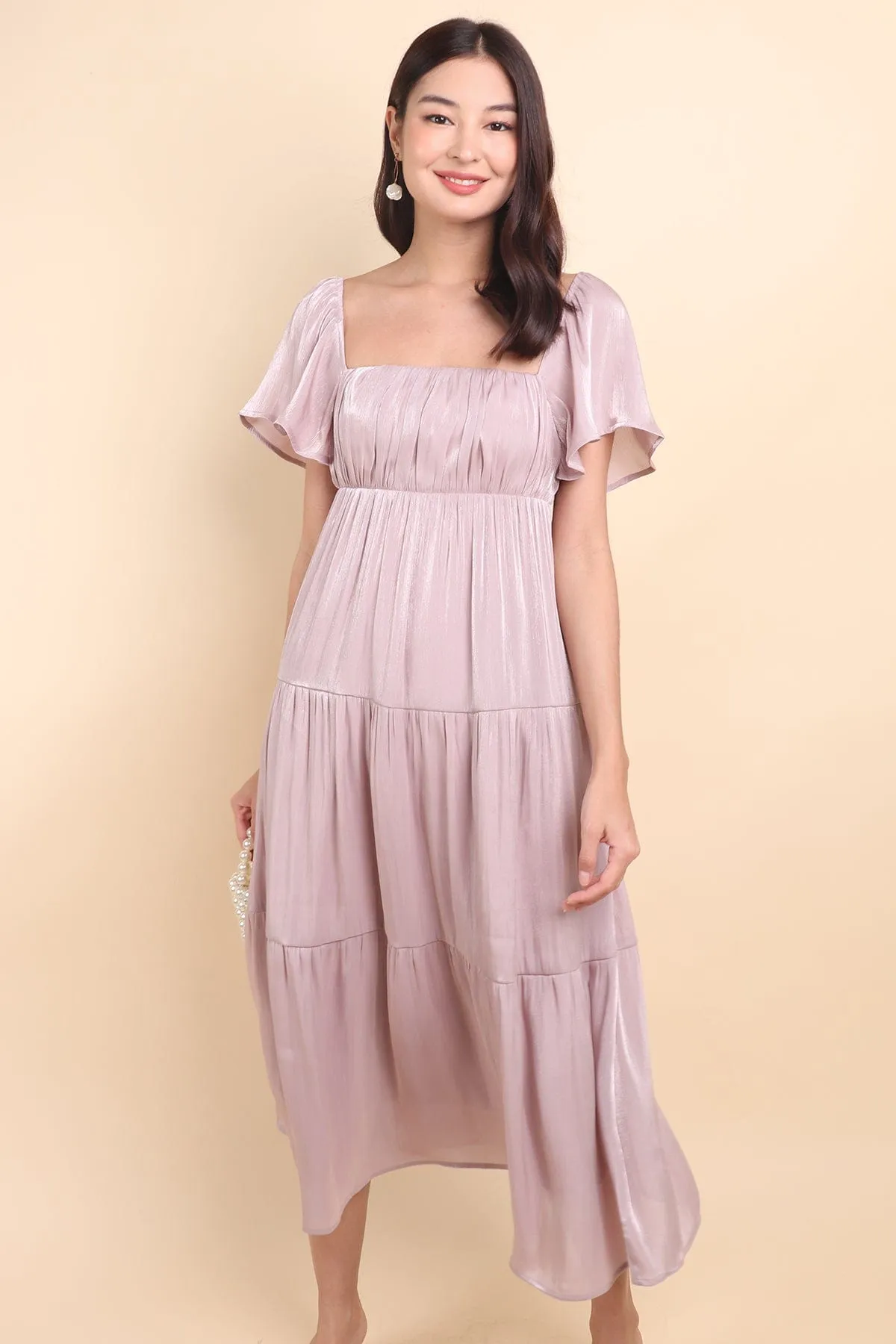 BELLE FLUTTERS SHIMMERY MIDAXI IN MAUVE PINK
