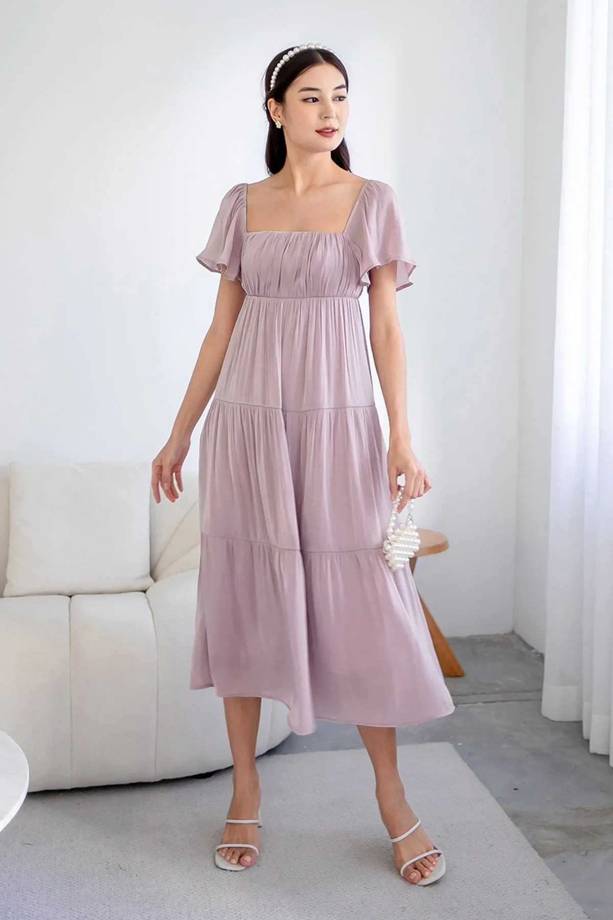 BELLE FLUTTERS SHIMMERY MIDAXI IN MAUVE PINK